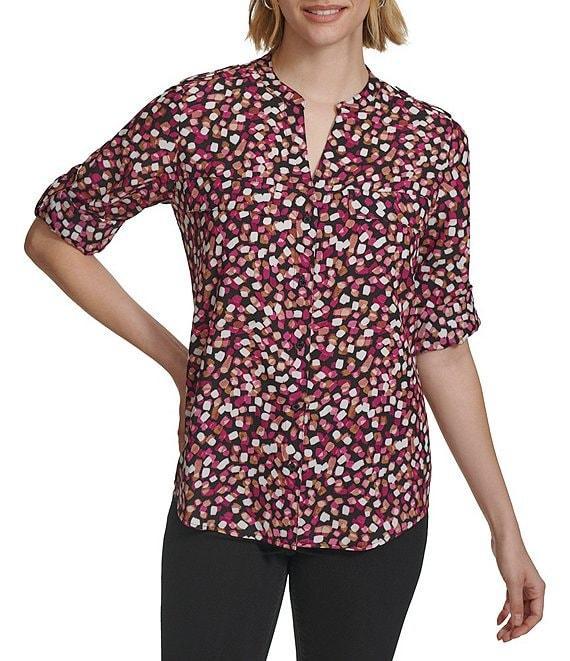 Calvin Klein Abstract Dot Printed Split V-Neckline Roll Tab Long Sleeve Blouse Product Image