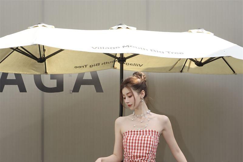 Strapless Gingham Lace Panel Ruched Maxi A-Line Dress Product Image