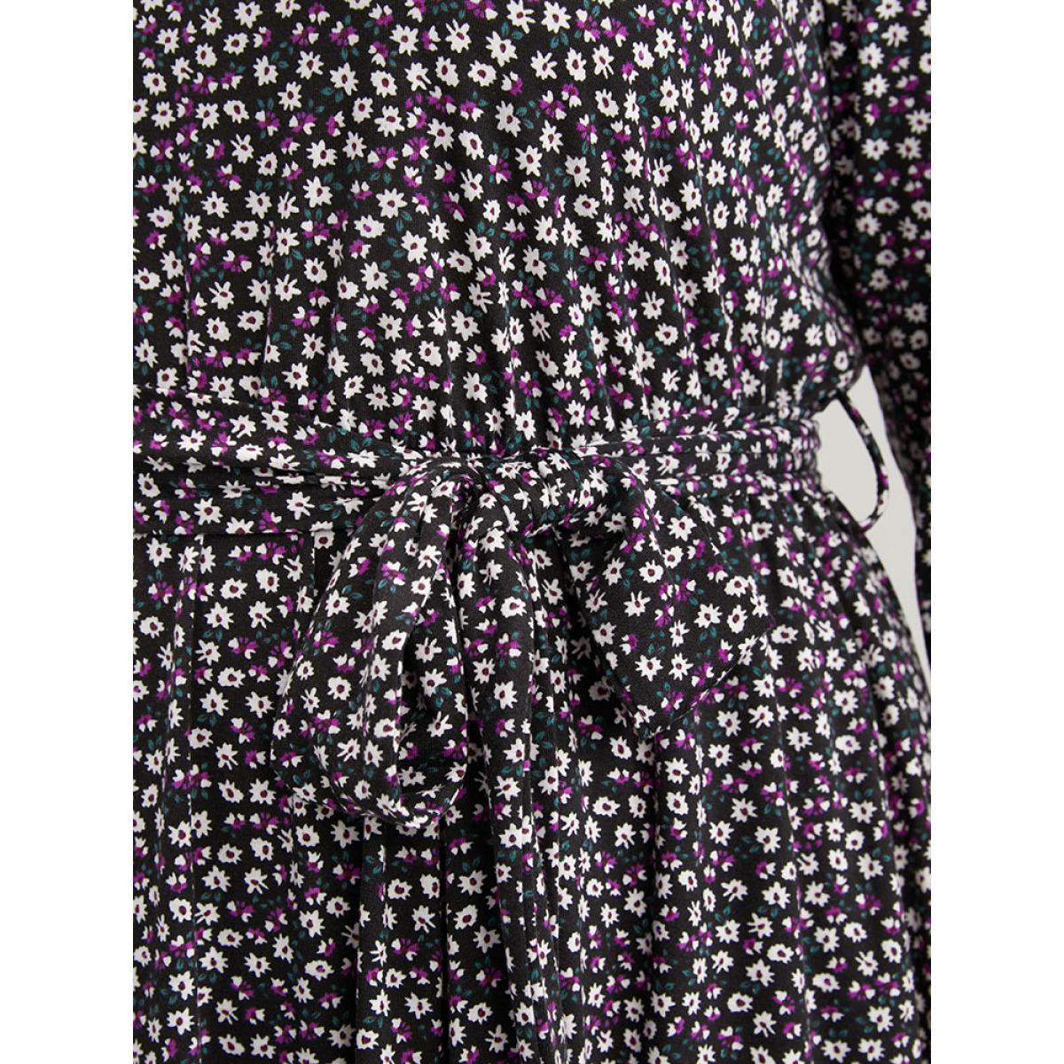Plus Size Ditsy Floral Pocket Pocket Belted Asymmetrical Hem Dress Midnight Women Elegant V-neck Long Sleeve Curvy Midi Dress BloomChic 30/6X Product Image