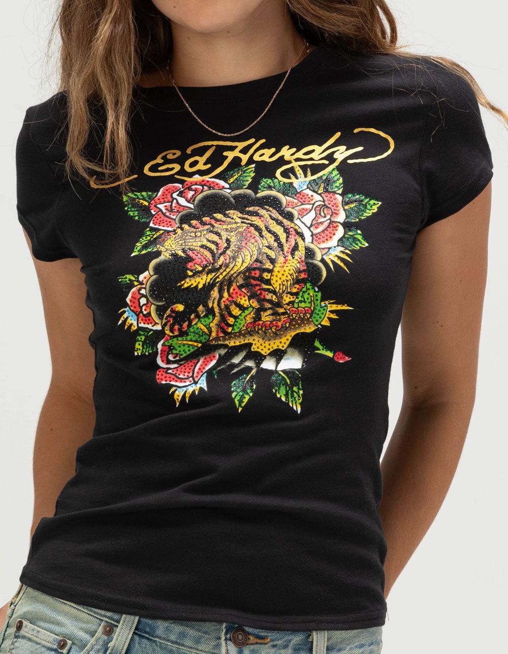 ED HARDY Tiger Roses Womens Fitted Tee - BLACK Product Image