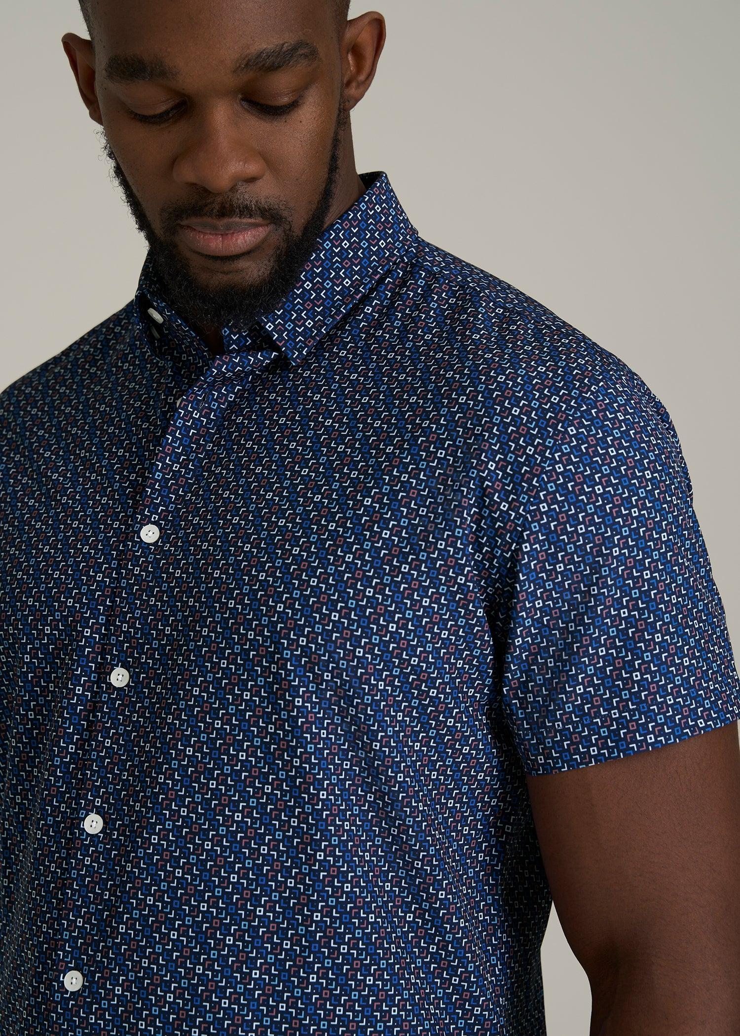 Short Sleeve Traveler Stretch Button Shirt for Tall Men in Blue Fleck Product Image