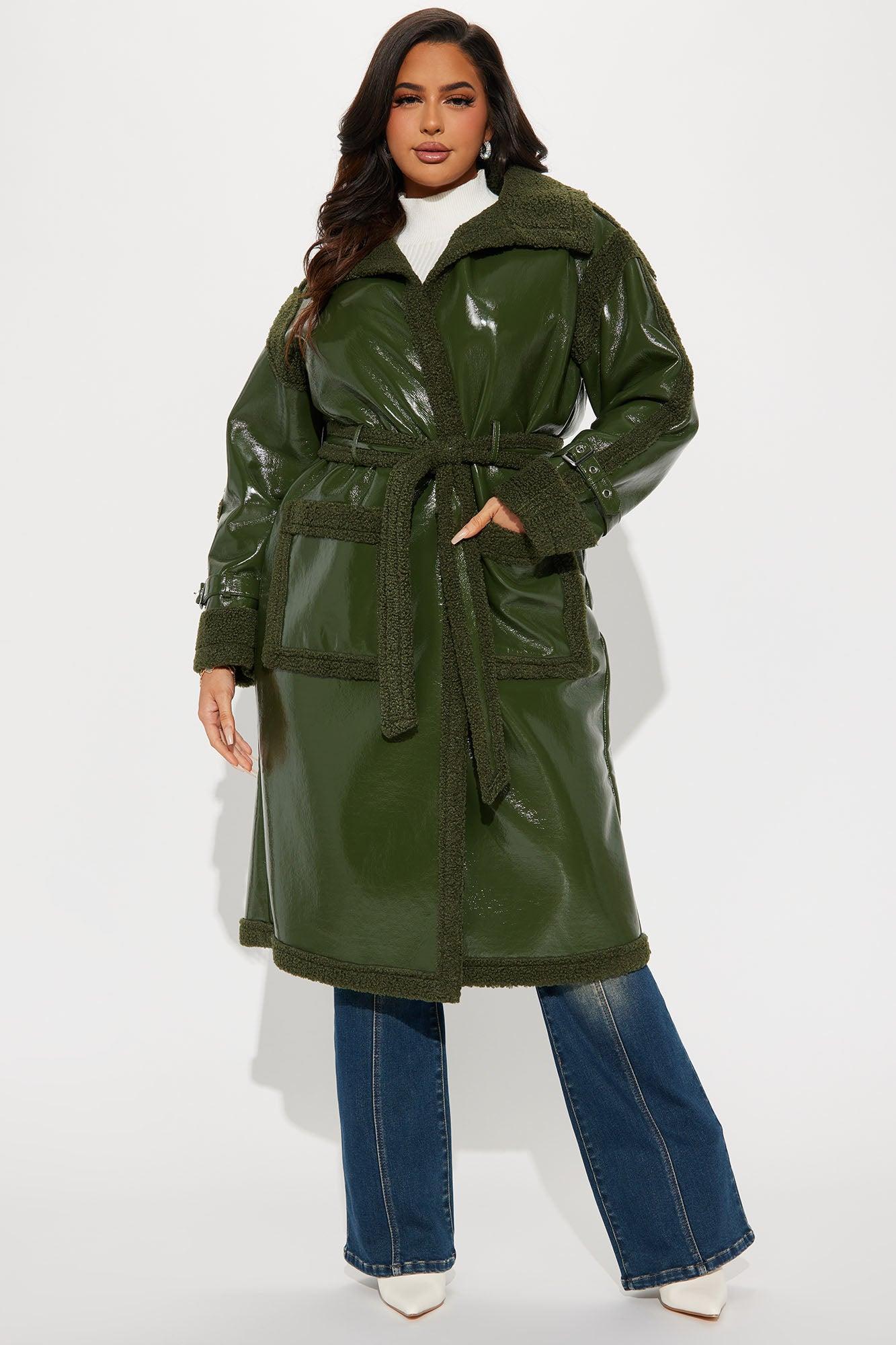 Bad Ideas Shearling Trench Coat - Olive Product Image