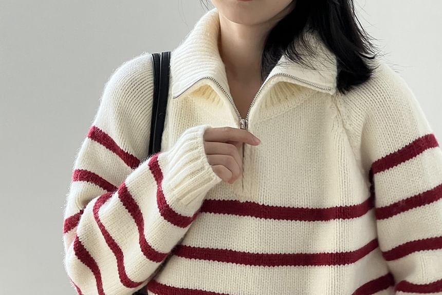 Stand Collar Striped Half Zip Sweater Product Image