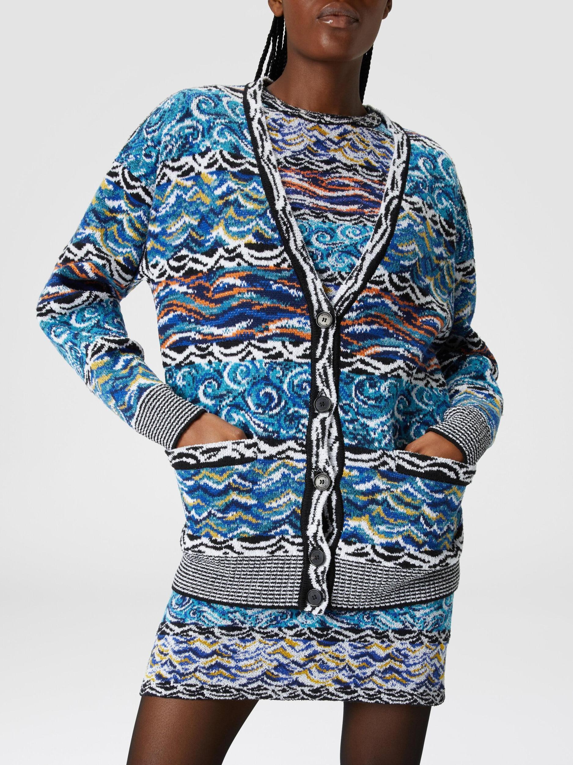 Oversized cardigan in wool and cotton jacquard with wave motif Product Image