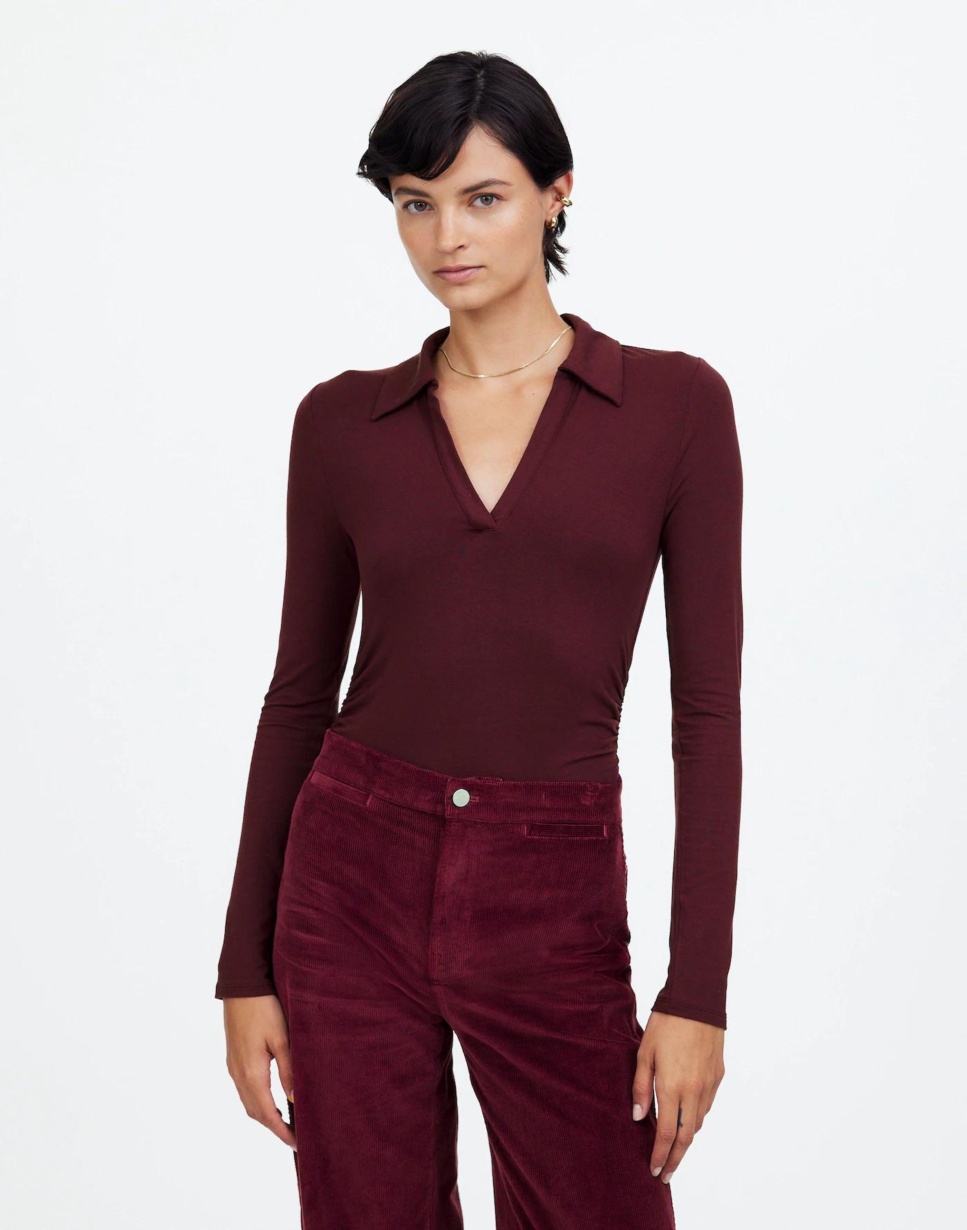 Side-Cinch Long-Sleeve Polo Top Product Image