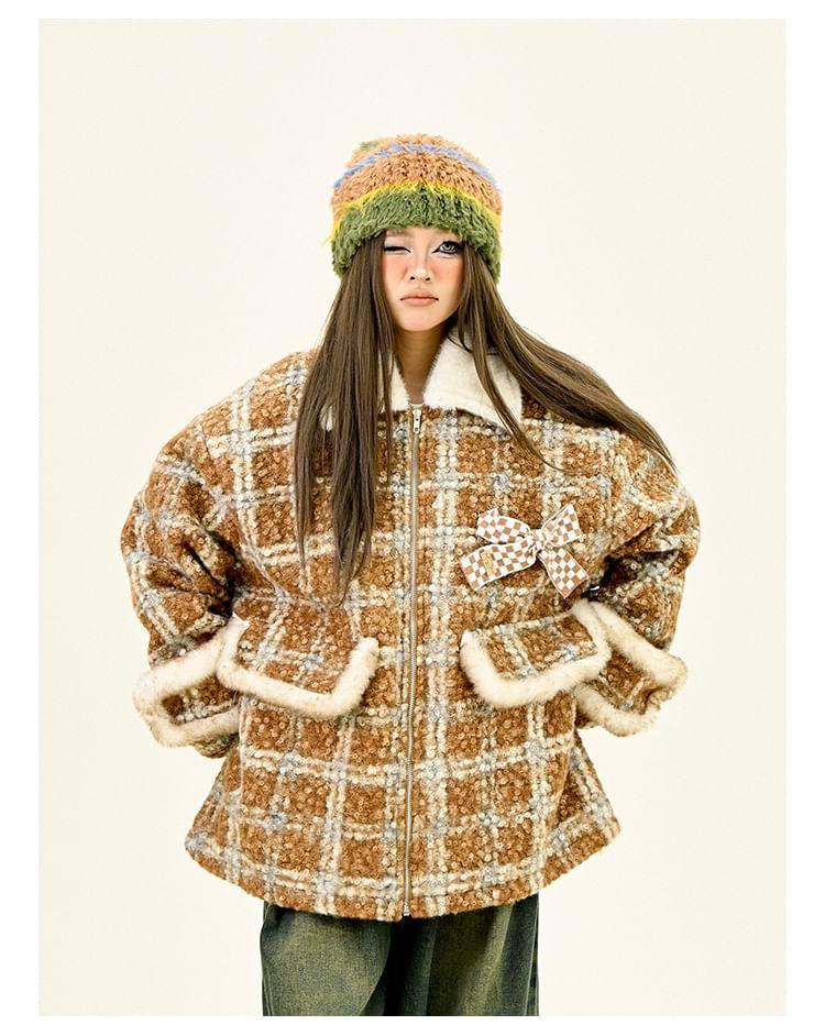 Lapel Collar Plaid Bow Detail Oversized Zip Coat Product Image