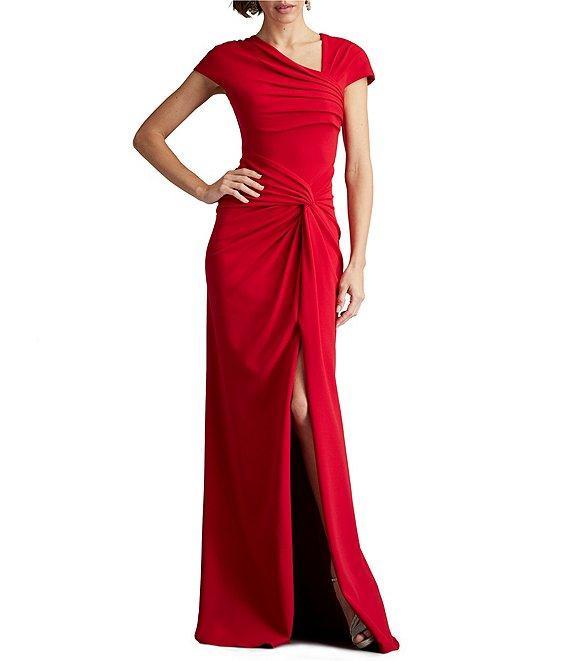 Tadashi Shoji Crepe Asymmetrical V-Neck Cap Sleeve Twist Front Front Slit Gown Product Image