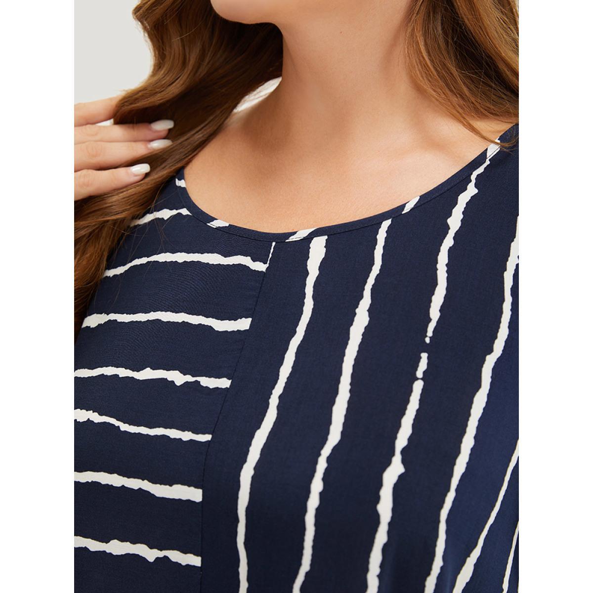 Plus Size Indigo Striped Patchwork Hanky Hem Blouse Women Office Short sleeve Round Neck Dailywear Blouses BloomChic 18-20/2X Product Image