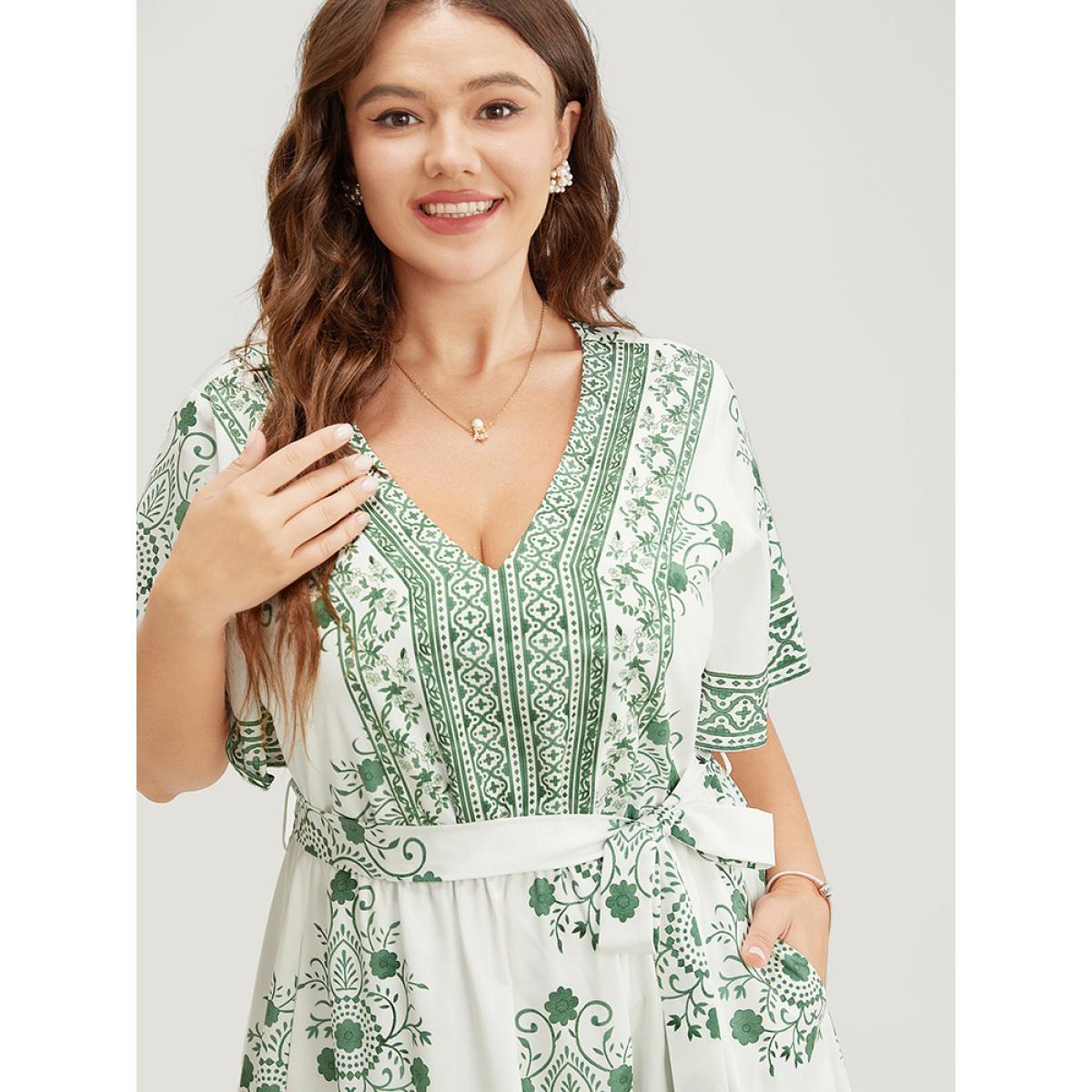 Plus Size Bandana Print Ruffle Sleeve Pocket Belted Midi Dress Green Women Vacation Lined V-neck Short sleeve Curvy Midi Dress BloomChic 26/4X Product Image