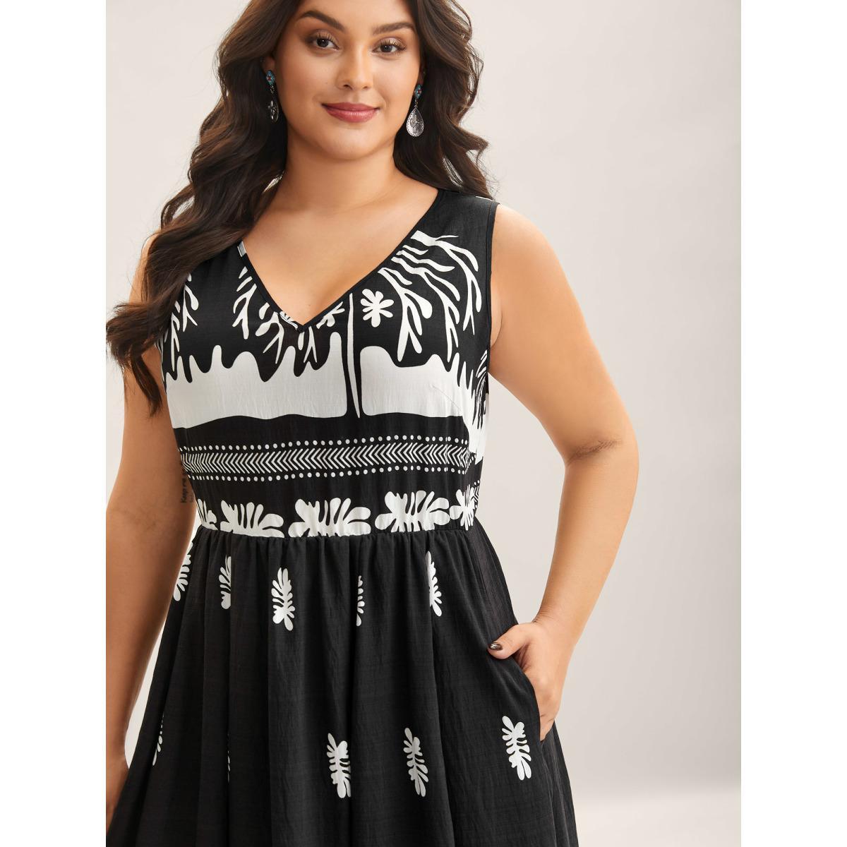 Plus Size Tropical Breeze Print Pockets Midi Dress Black Women V-neck Sleeveless Curvy BloomChic 30/6X Product Image