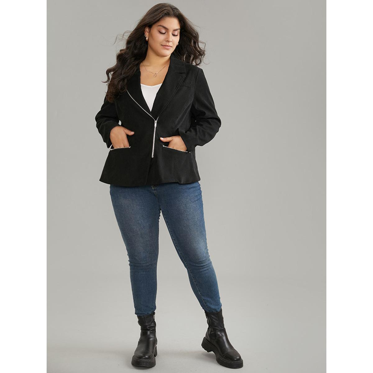Plus Size Solid Corduroy Zipper Lapel Collar Blazer Black Women Work Plain Lined Sleeve Long Sleeve Lapel Collar 26/4X Pocket At the Office Blazers BloomChic Product Image