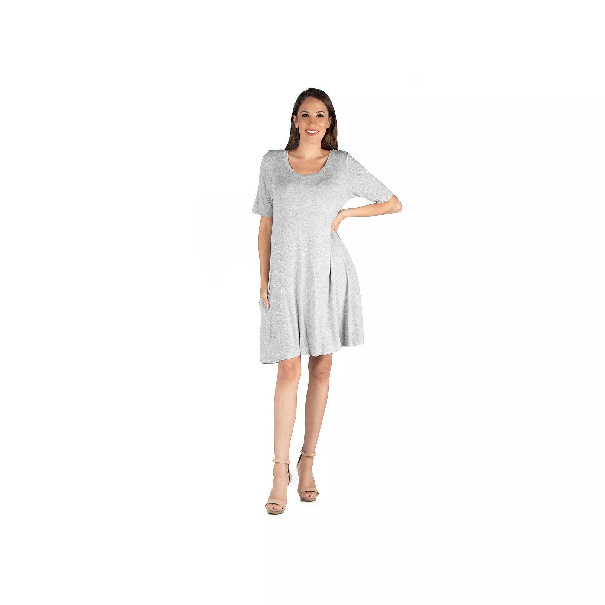 Women's 24seven Comfort Apparel Roundneck Flared Shirtdress with Pockets, Size: Small, Grey Product Image