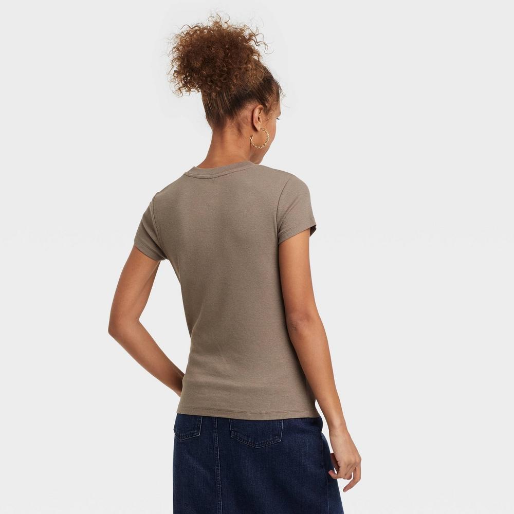 Women's Slim Fit Short Sleeve Ribbed T-Shirt - A New Day™ Brown 3X: Cotton Modal Blend, Crew Neck, Pullover Product Image