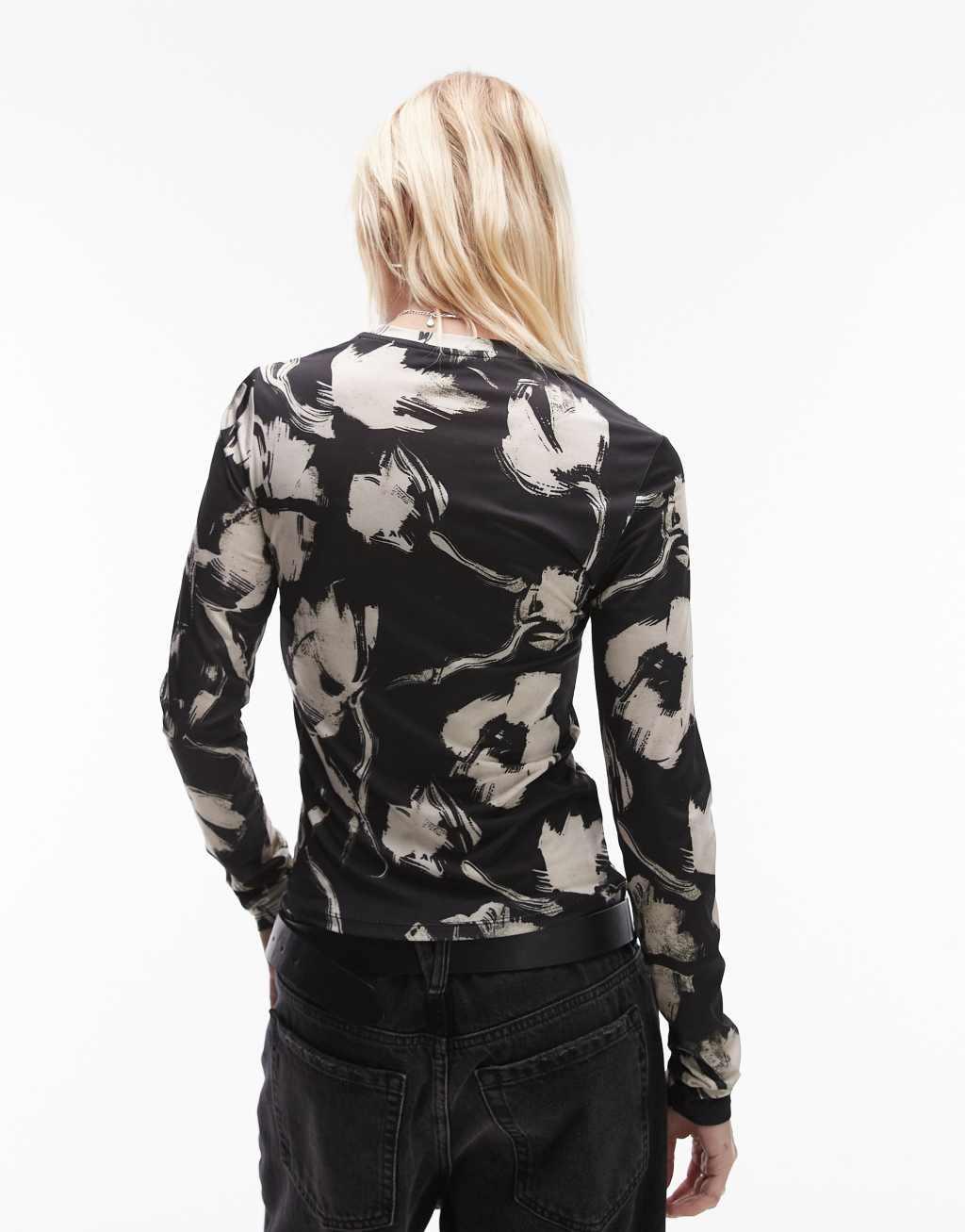 Topshop long sleeve floral microfiber mono top in black Product Image