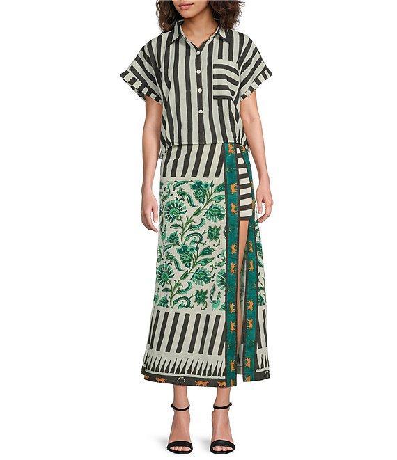 Mo Maya Stripe Print Notch Collar Short Sleeve Button Front Shirt Product Image