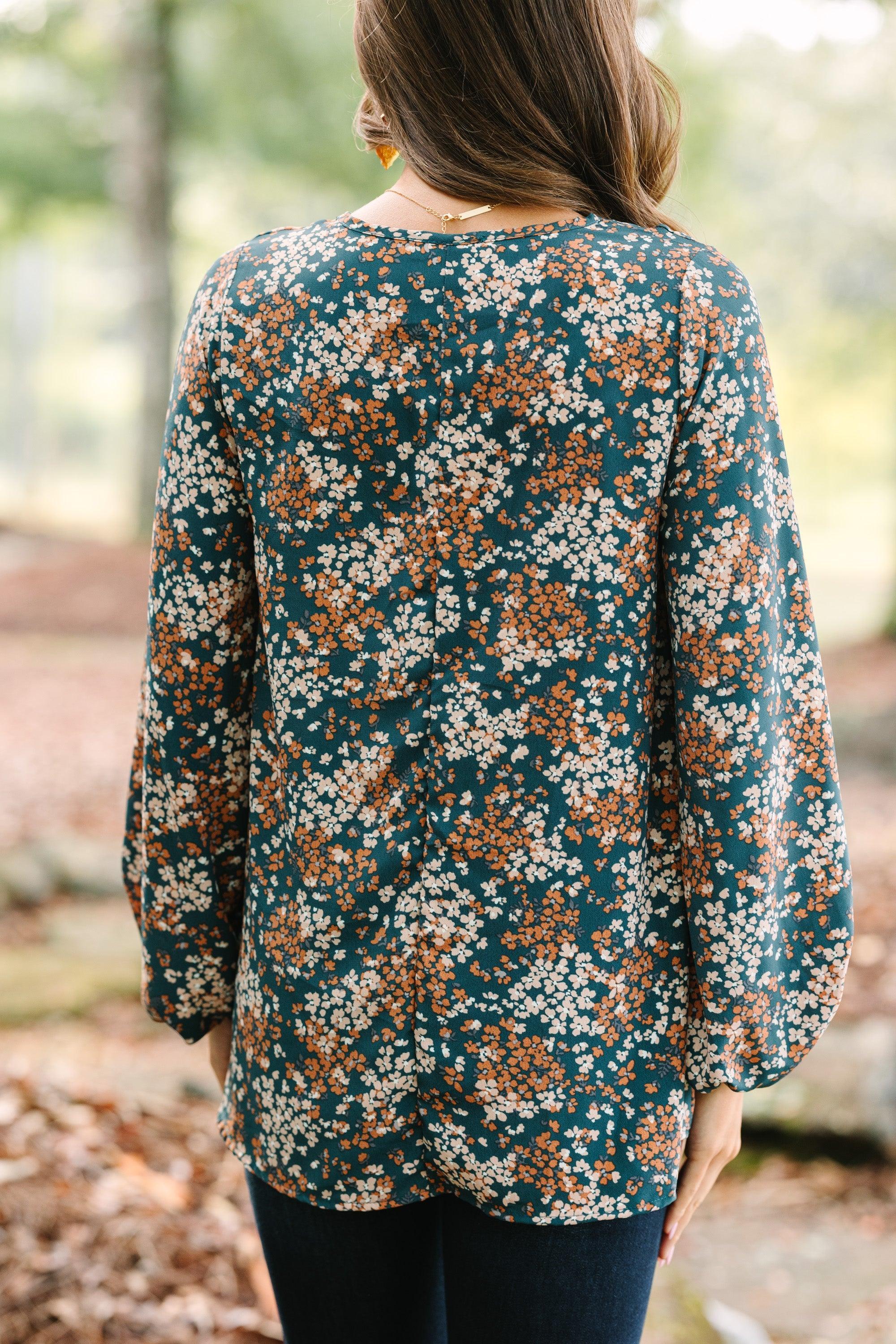 Let's Be Clear Teal Blue Ditsy Floral Bubble Sleeve Blouse Female Product Image