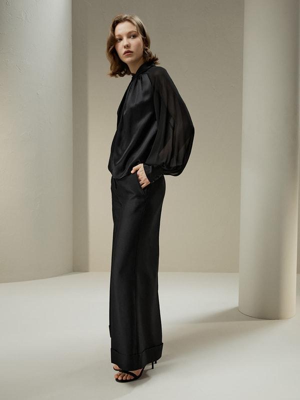 Evelyn Silk Blouse with Semi-Sheer Sleeves Product Image
