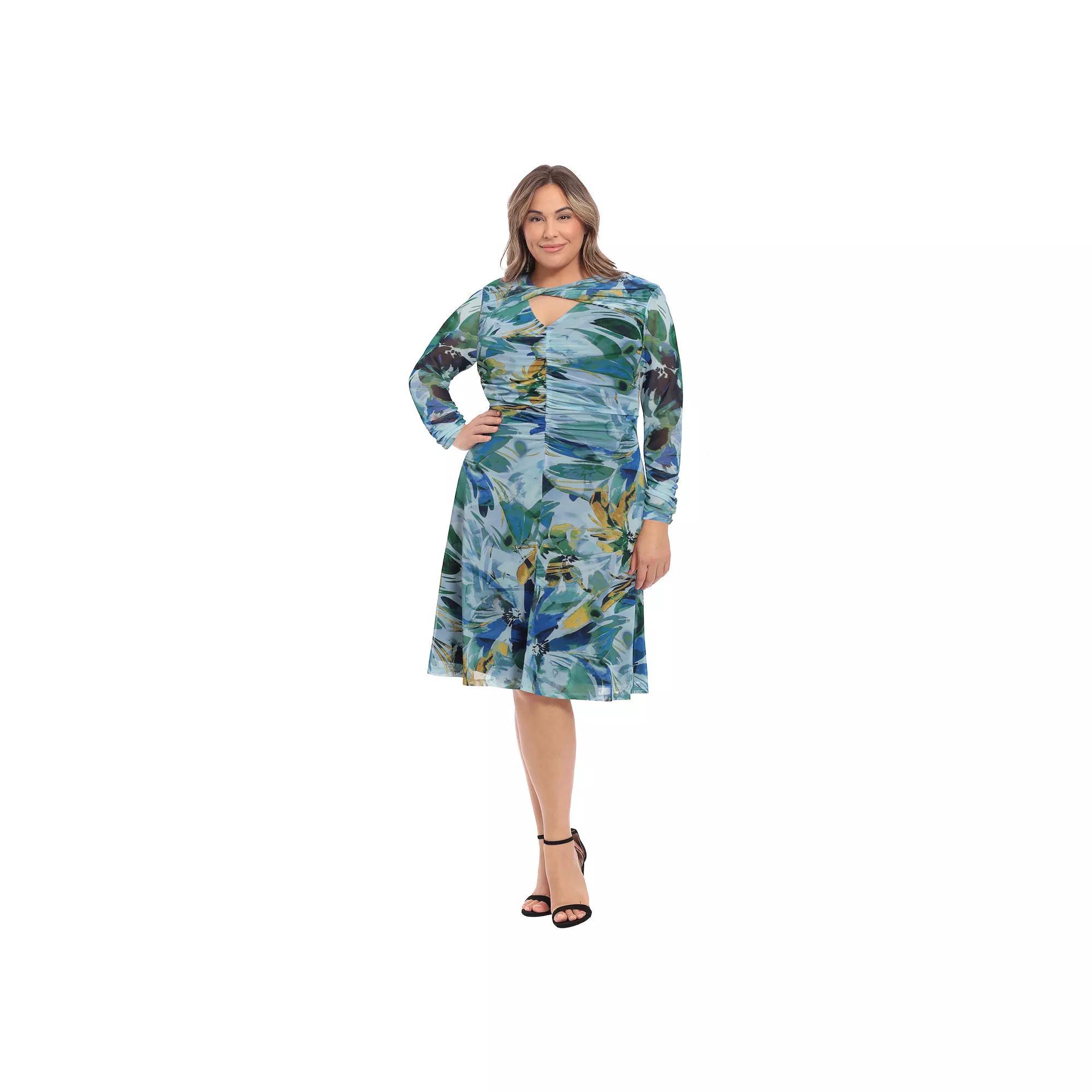 Plus Size London Times Twist Neck Shirred Midi Dress, Womens Blue Blue Product Image