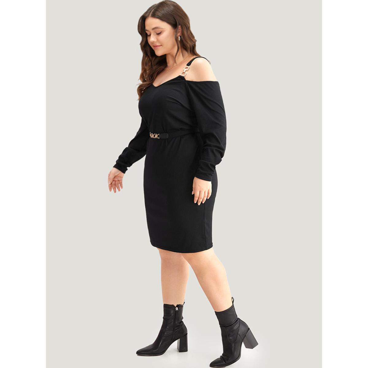 Plus Size Plain Rib Knit Metal Detail Cami Dress Black Women Casual Texture Spaghetti Strap Long Sleeve Curvy Knee Dress BloomChic 28/5X Product Image