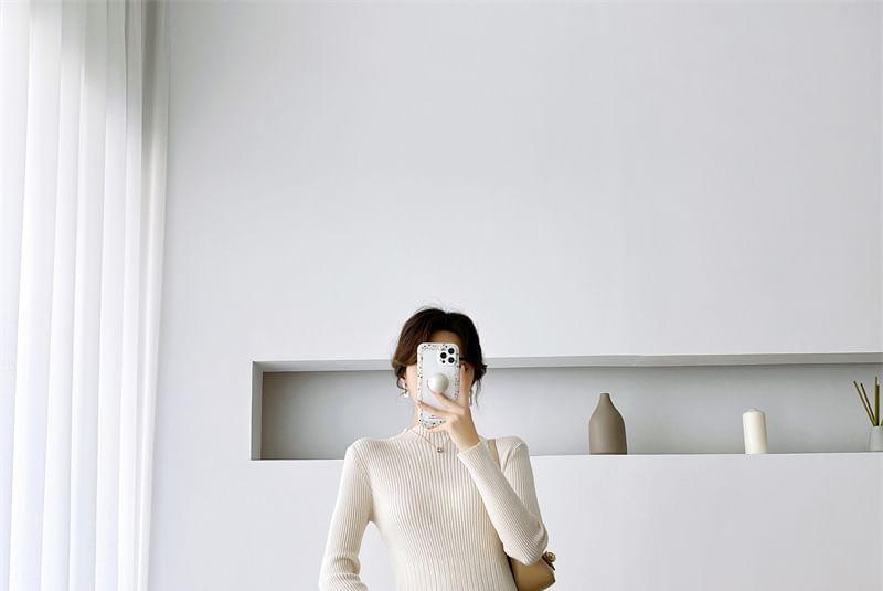 Long-Sleeve Mock Neck Plain Ribbed Midi A-Line Knit Dress Product Image