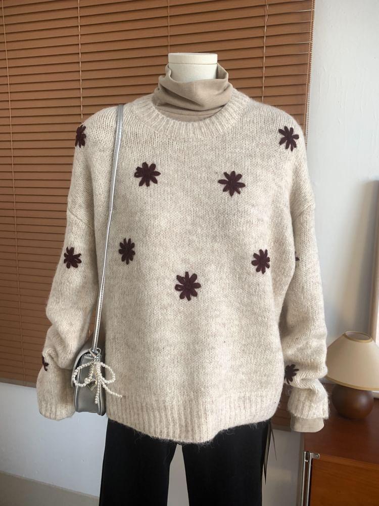 Crew Neck Floral Embroidered Sweater Product Image