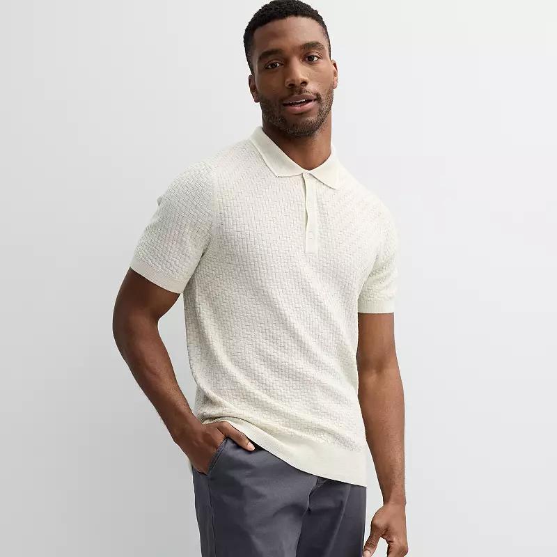 Mens Apt. 9 Textured Merino Wool Blend Short Sleeve Sweater Polo Beige Grey Product Image