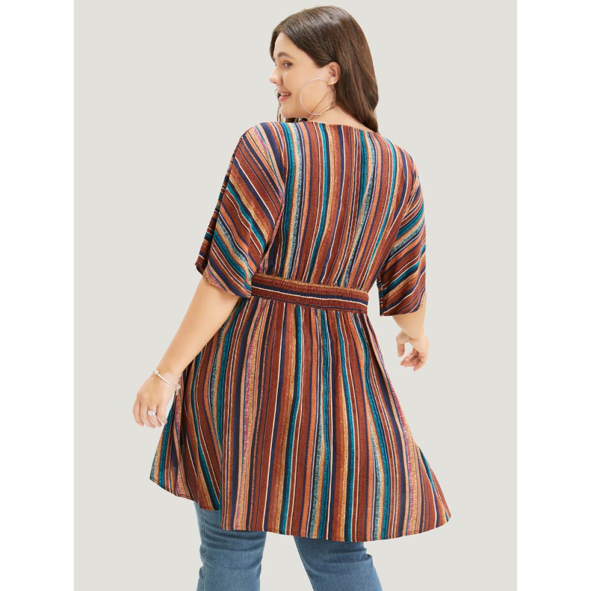 Plus Size DarkBrown Striped Contrast Shirred Wrap High Low Hem Pocket Blouse Women Vacation Short sleeve V-neck Vacation Blouses BloomChic 12/L Product Image