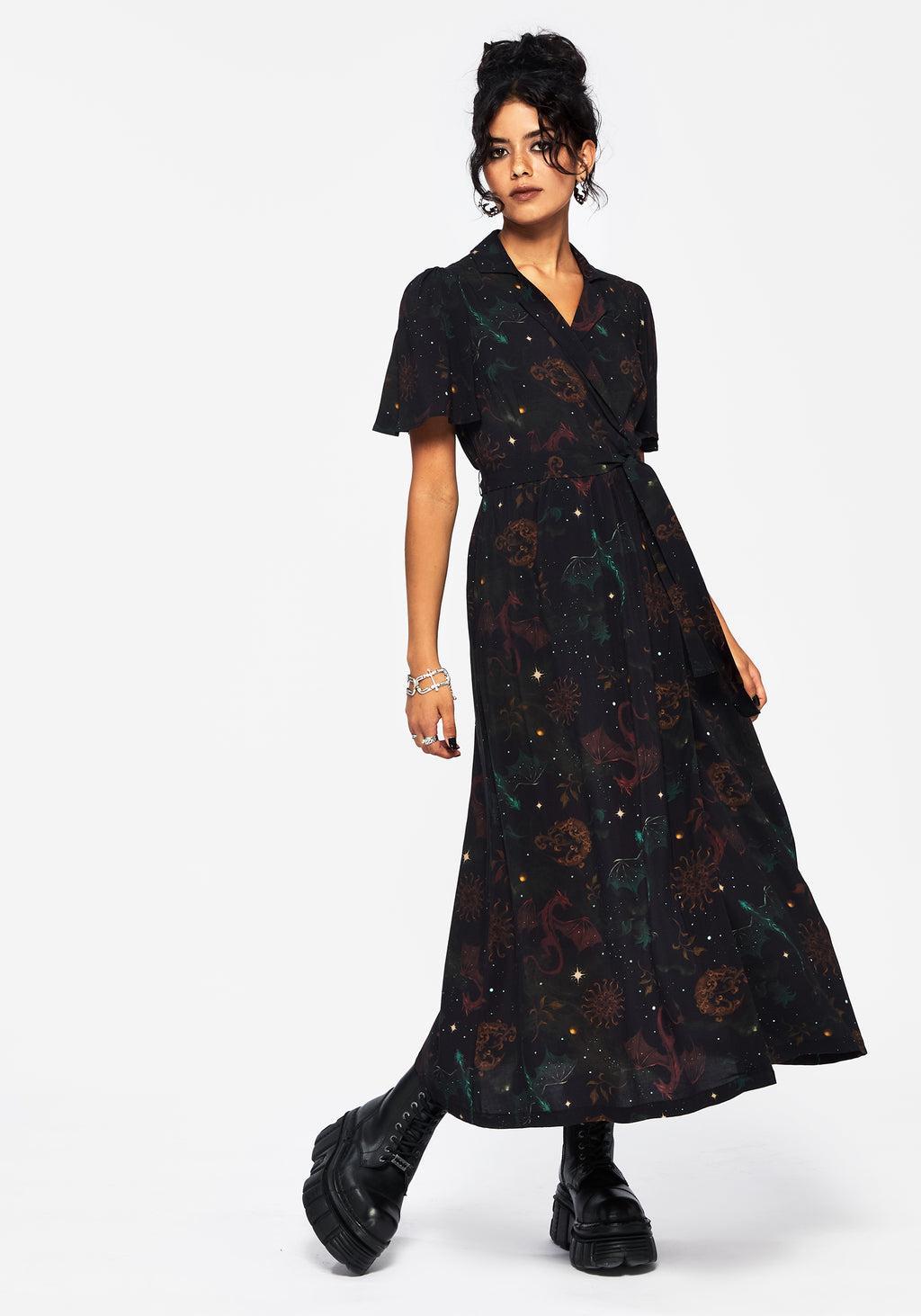 Phoenix Dragon Printed Wrap Midaxi Shirt Dress Product Image
