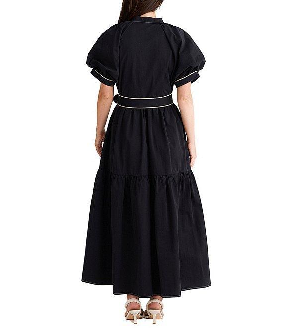 Brave + True Short Puff Sleeve Amour Contrast Piping Button Front Belted Maxi Dress Product Image