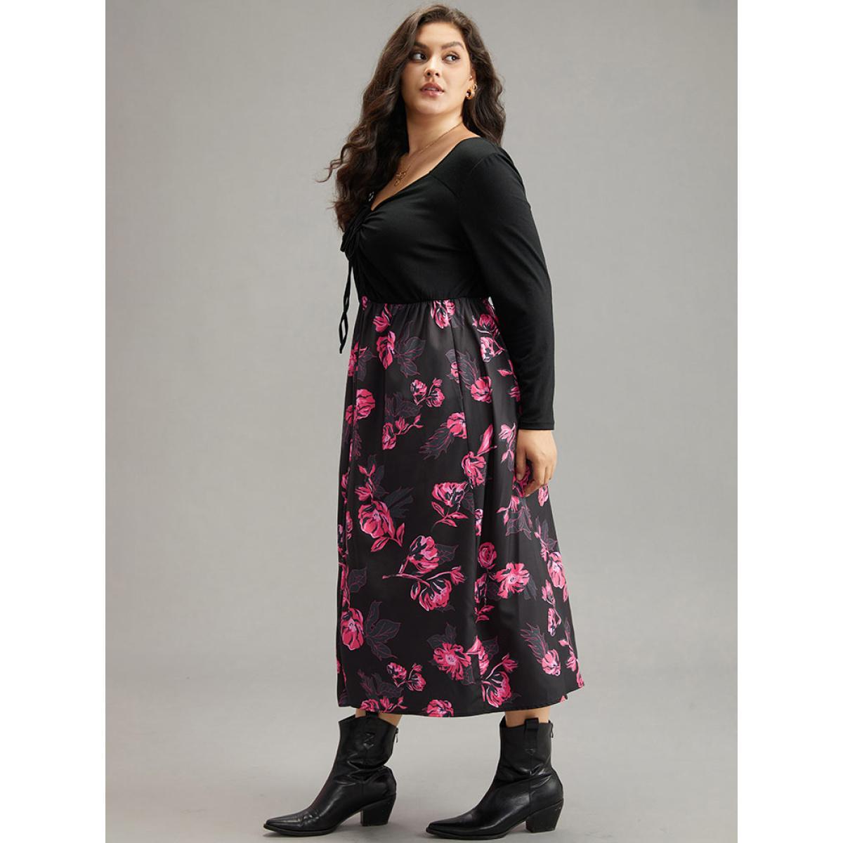 Plus Size Floral Patchwork Gathered Drawstring Dress Black Women Casual Gathered Tie Neck Long Sleeve Curvy Midi Dress BloomChic 14-16/1X Product Image