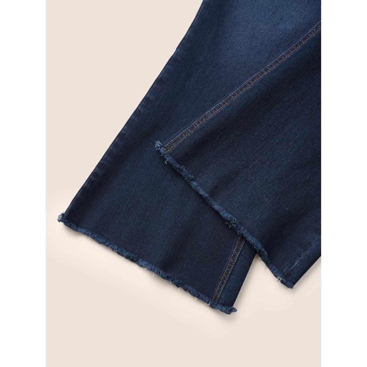 Plus Size Dark Wash Frayed Hem Cropped Bootcut Jeans Women Indigo Casual Plain Non High stretch Slanted pocket Jeans BloomChic 18/2X Product Image