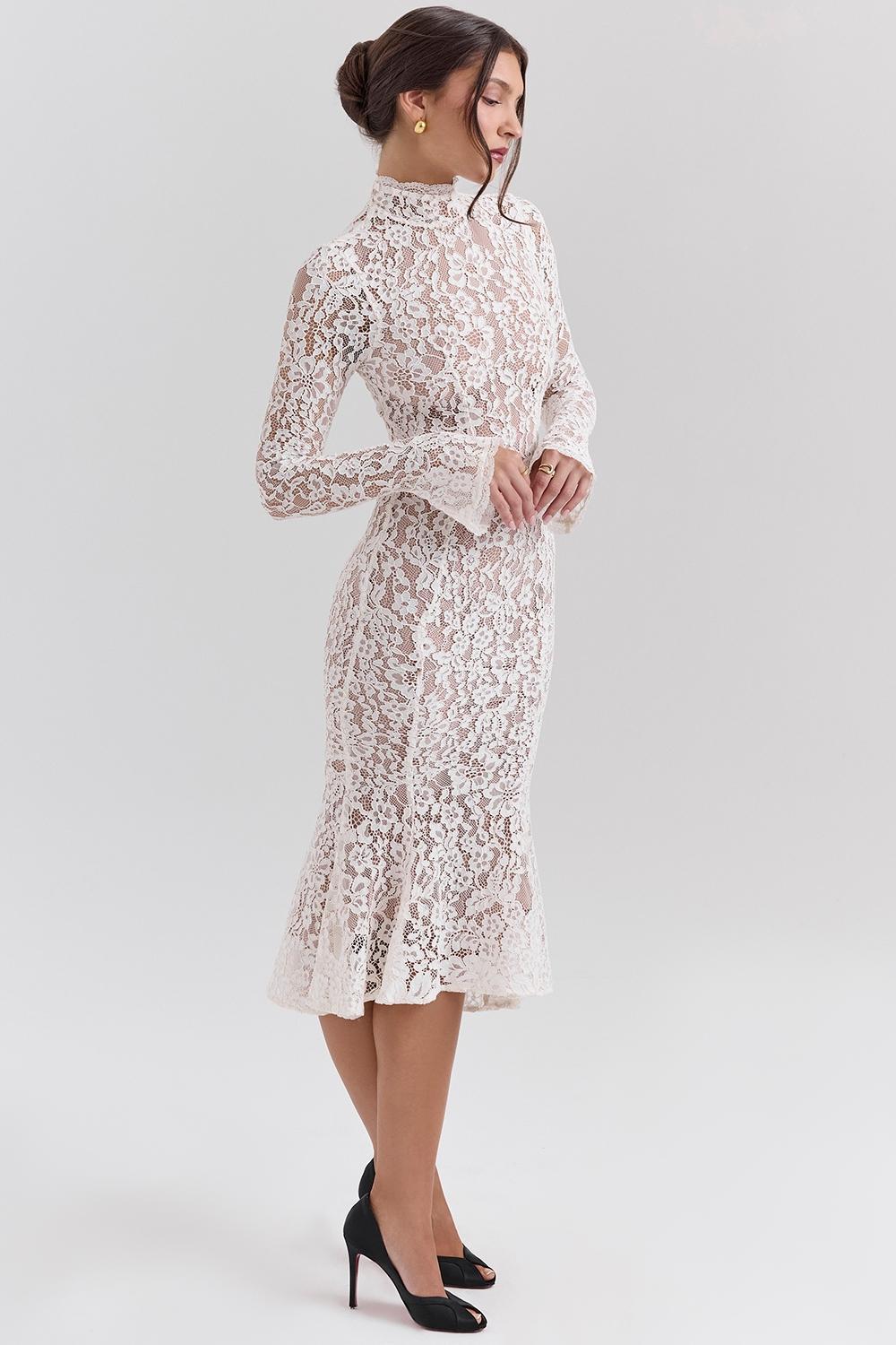 Sophia Vintage Ivory Lace Fitted Midi Dress Product Image