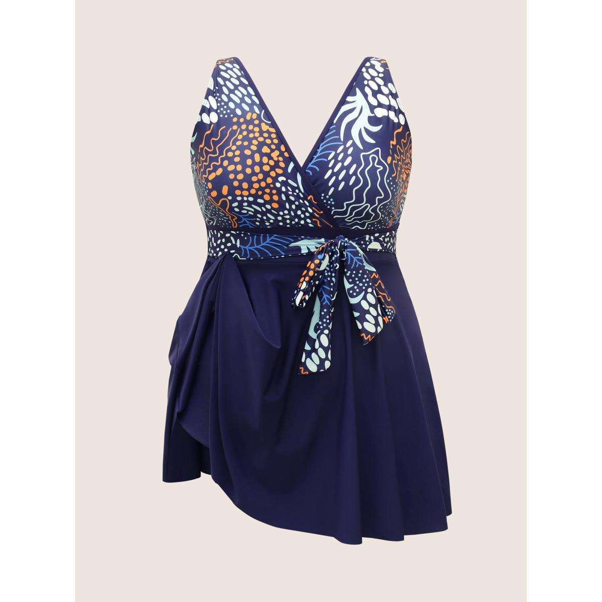 Plus Size Marine Elements Patchwork Tie Knot Swim Dress Women's Swimwear Indigo Beach Bodycon V-neck High stretch Curve Swim Dresses BloomChic 14-16/1X Product Image
