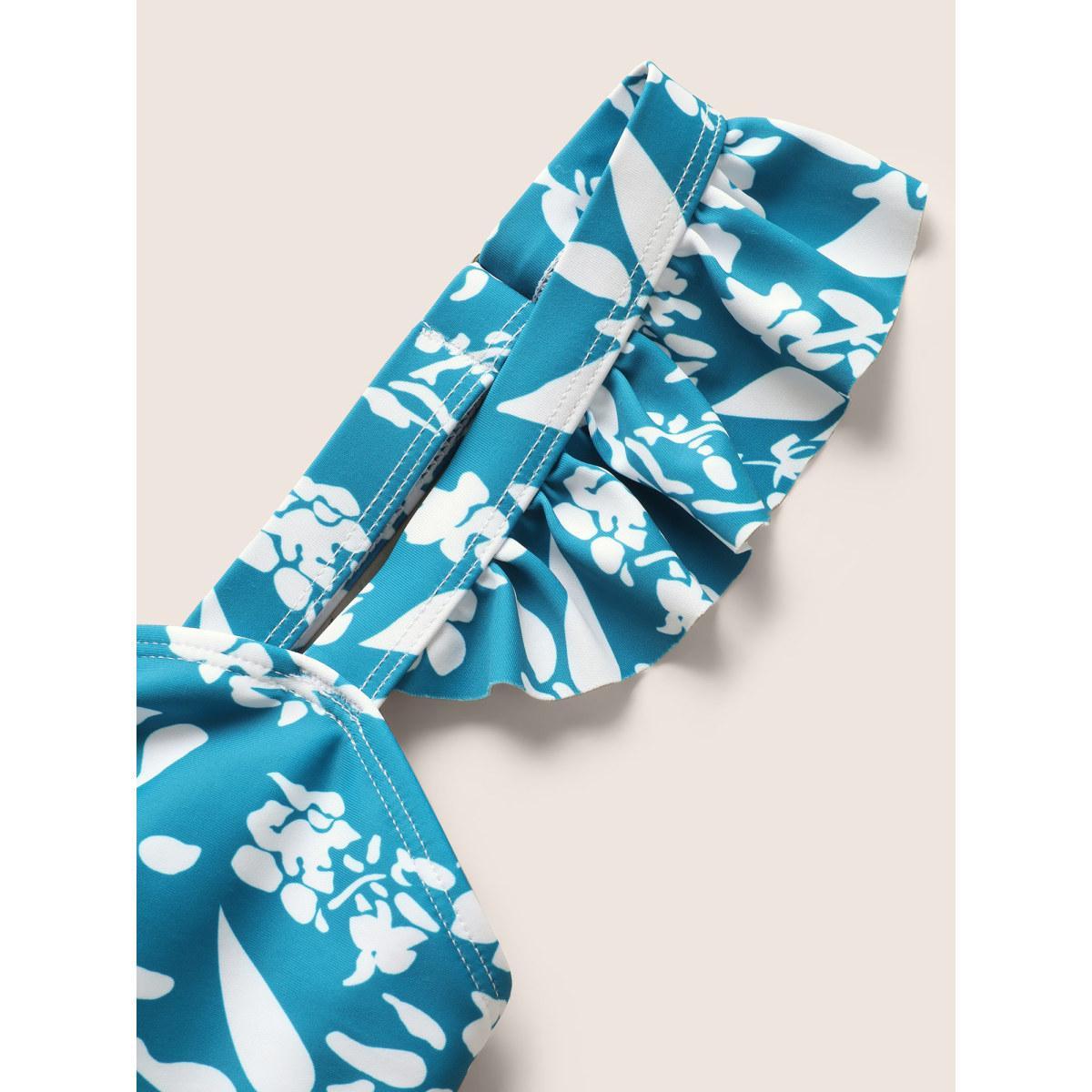 Plus Size Ditsy Floral Tiered Ruffles One Piece Swimsuit Women's Swimwear Teal Beach Gathered Curve Bathing Suits High stretch One Pieces BloomChic 12/L Product Image