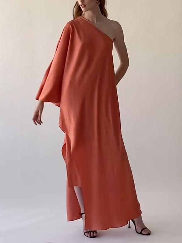 Loose Asymmetric Solid Color One-Shoulder Maxi Dresses Product Image
