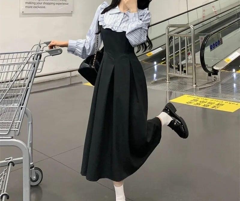Long-Sleeve Collar Striped Panel Ruffle Midi A-Line Dress Product Image