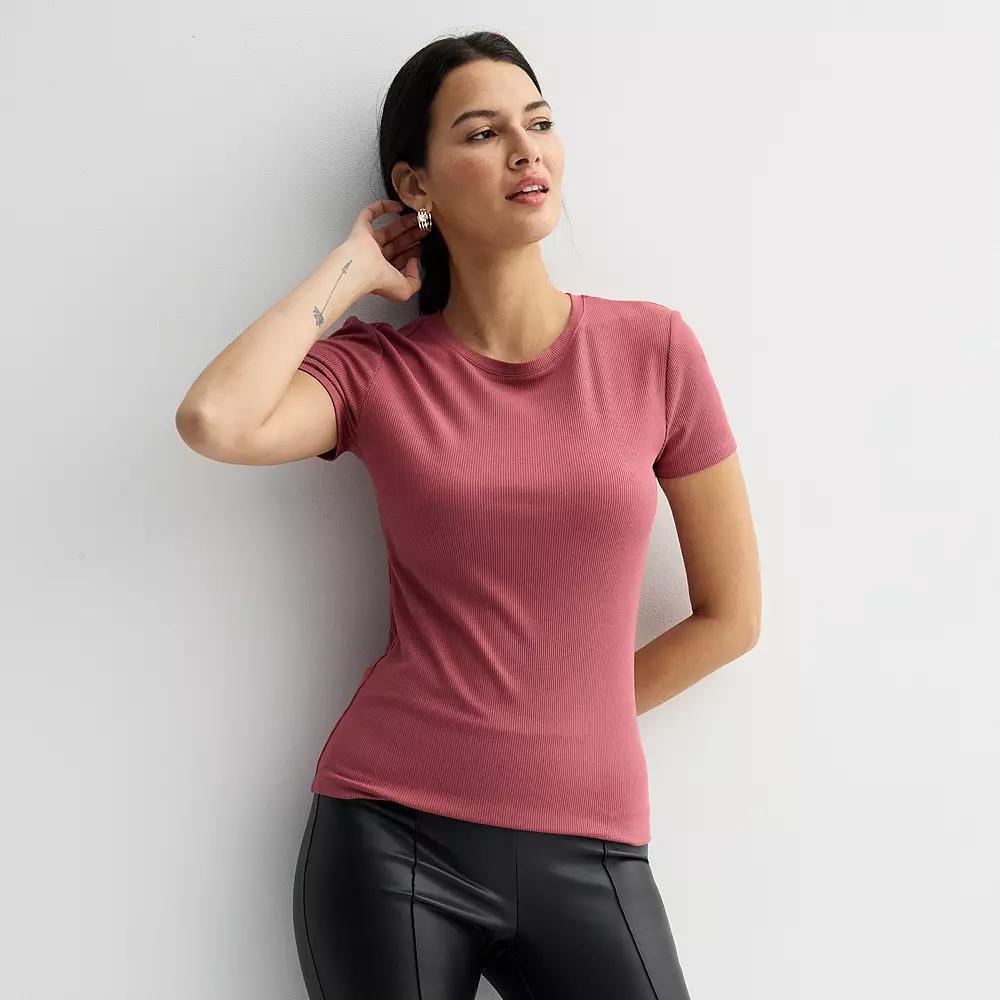 Womens Nine West Fitted Ribbed Crewneck Top Just Pink Product Image