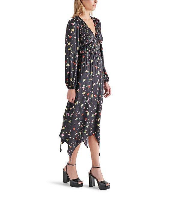 Steve Madden Jamie Satin Floral Print V-Neck Long Sleeve Midi Dress Product Image