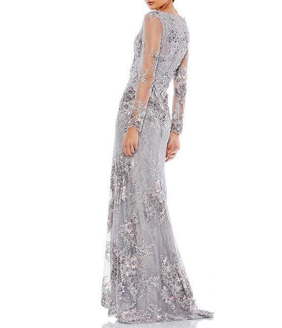 Mac Duggal Floral Embroidered Lace Sequin Embellished V-Neck Illusion Long Sleeve Gown Product Image