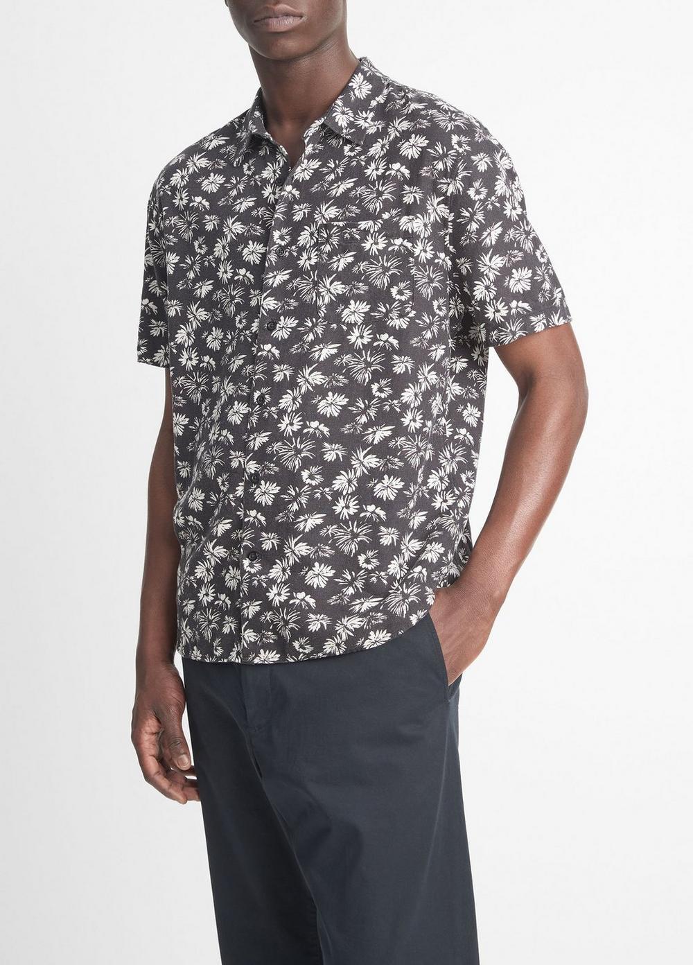 Mens Firework Floral Linen-Blend Short-Sleeve Shirt, Black/classic Cream, Size M Vince Product Image