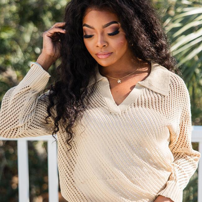 Knit Together Sand Collared Open Knit Sweater SALE Product Image