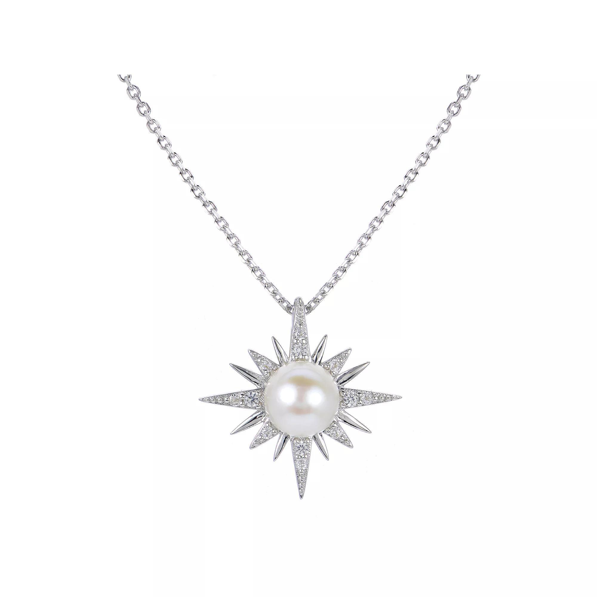 PearLustre by Imperial Sterling Silver Freshwater Cultured Pearl & Lab-Created White Sapphire Celestial Pendant Necklace, Women's, Size: 18" Product Image