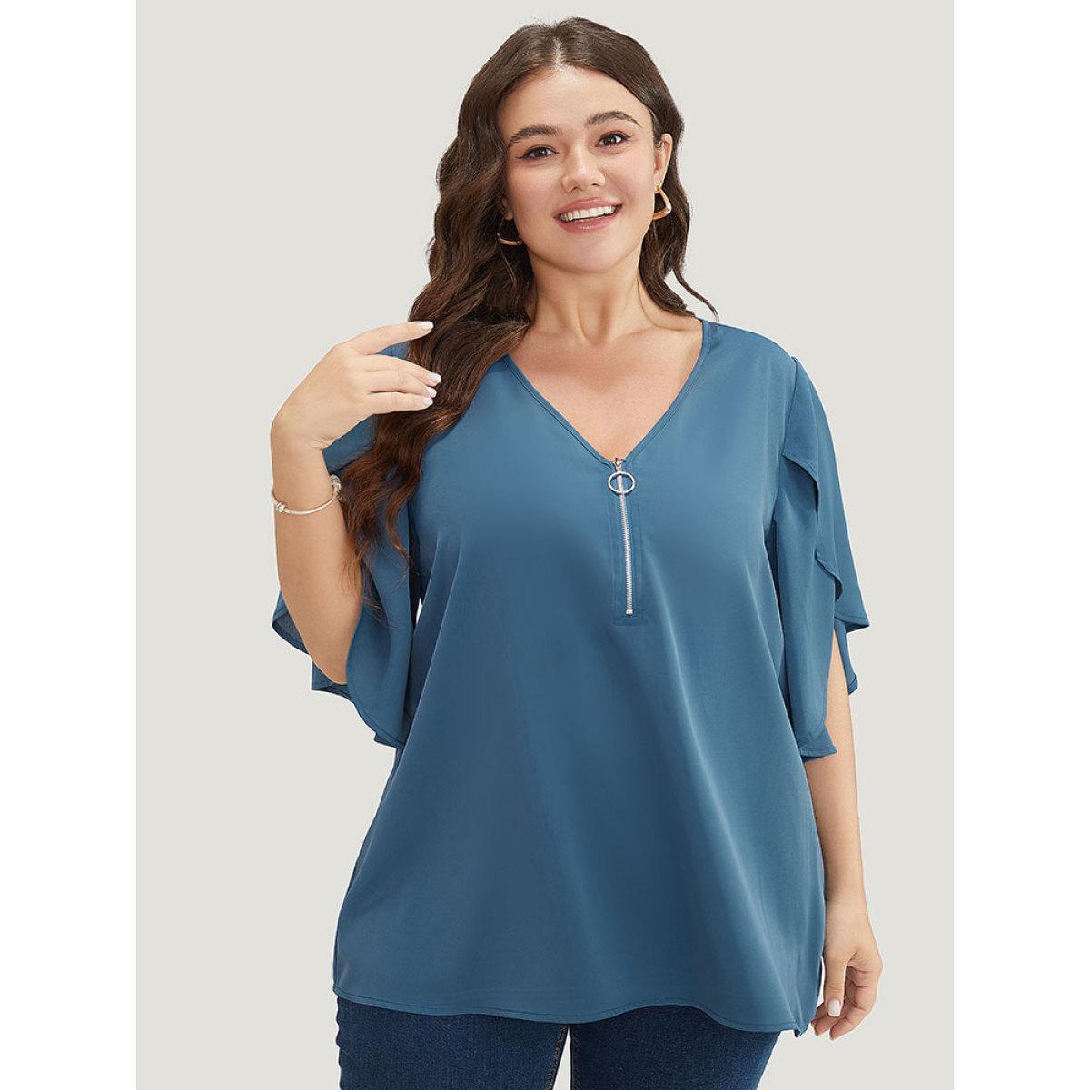 Plus Size Cerulean Solid Half Zipper Split Petal Sleeve Blouse Women Office Half Sleeve V-neck Work Blouses BloomChic 30/6X Product Image
