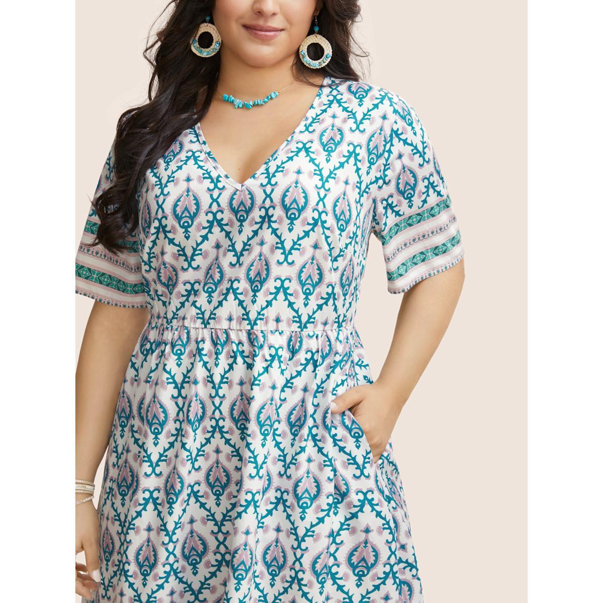 Plus Size V Neck Boho Print Ruffle Sleeve Midi Dress Turquoise Women Resort Non V-neck Short sleeve Curvy BloomChic 26/4X Product Image