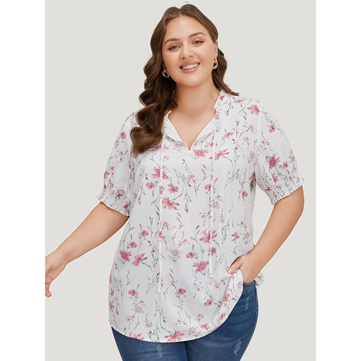 Plus Size White Floral Knot Frill Trim Shirred Lantern Sleeve Blouse Women Elegant Short sleeve Tie Neck Dailywear Blouses BloomChic 26/4X Product Image