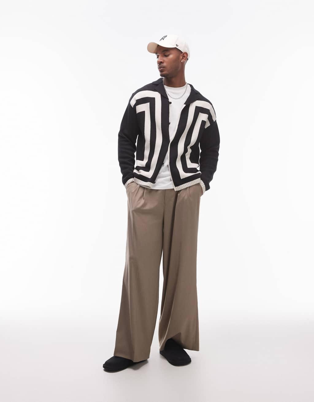 Topman knit crochet vertical stripe button through long sleeve shirt in black Product Image