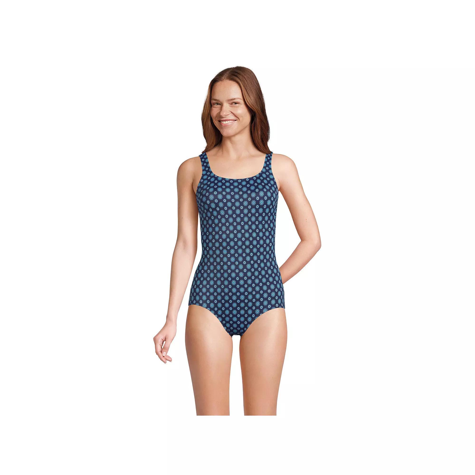 Women's Lands' End Tugless Sporty UPF 50 One-Piece Swimsuit, Size: 2, Blue Small Geo Product Image