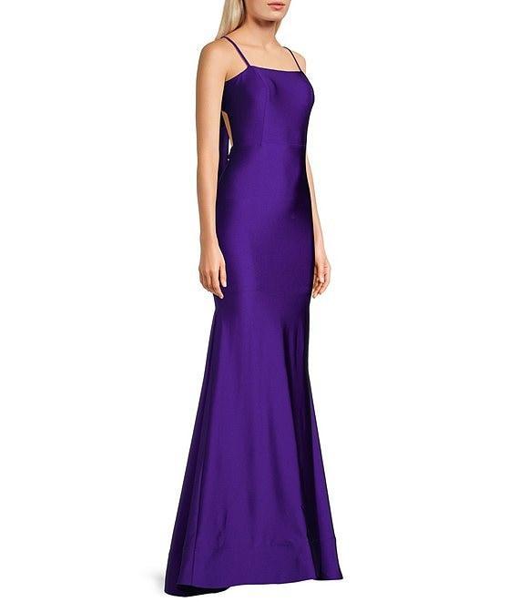 Dear Moon Square Neck Spaghetti Strap Low Ruched Tie Back Gown Product Image