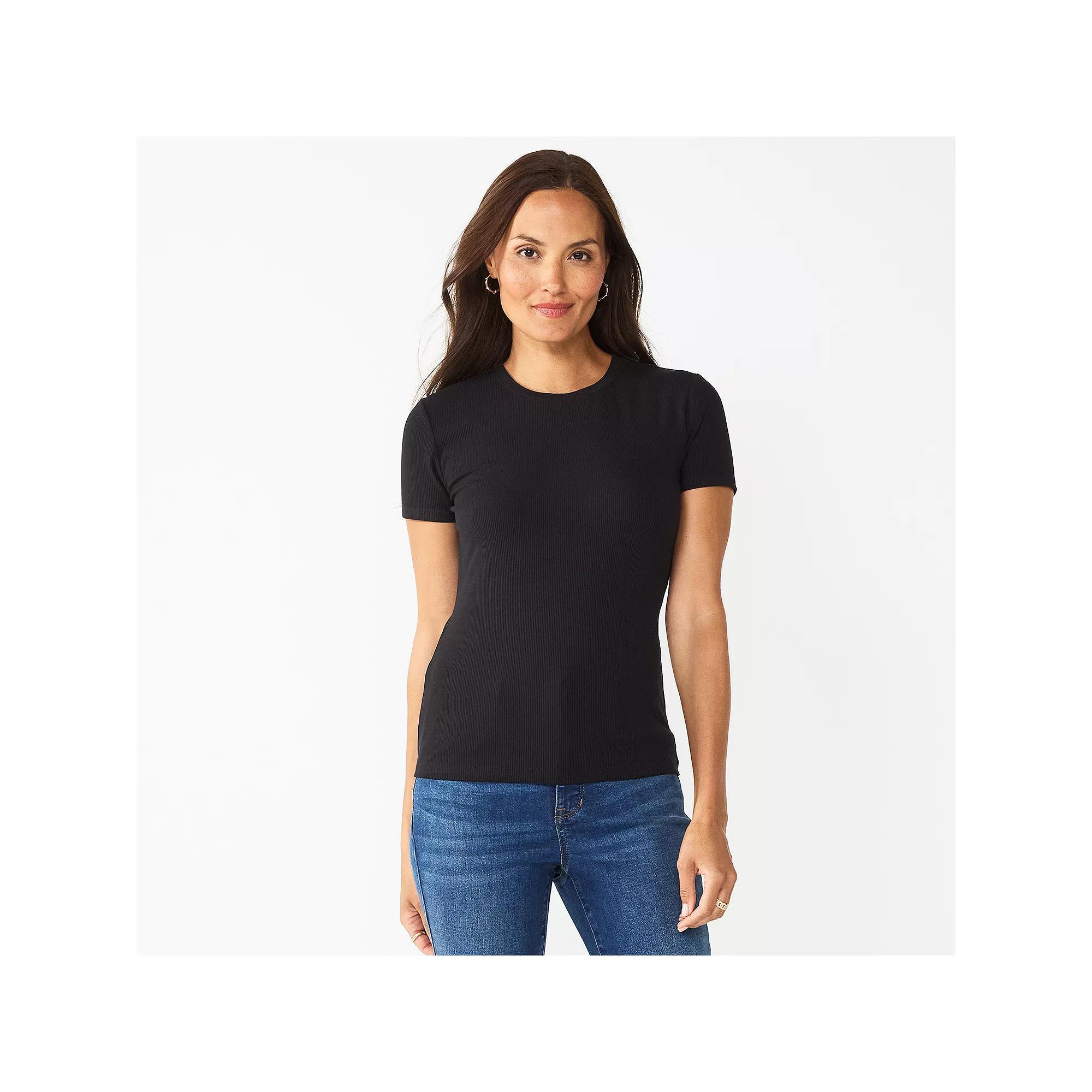 Women's Nine West Fitted Ribbed Crewneck Top, Size: XL, Mineral Black Product Image