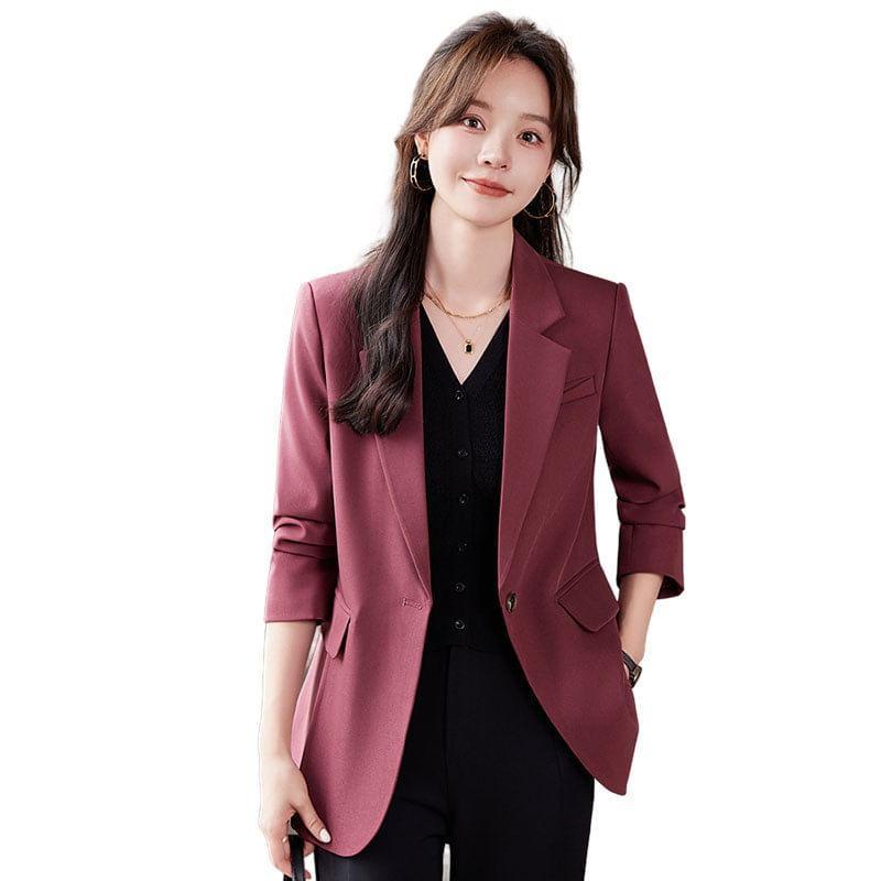 Lapel Collar Plain Single Button Blazer Product Image